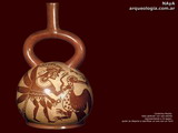 Moche. vaso globular con caño estribo representando a Ai-apaec, quien se dispone a sacrificar un ave con un Tumi 